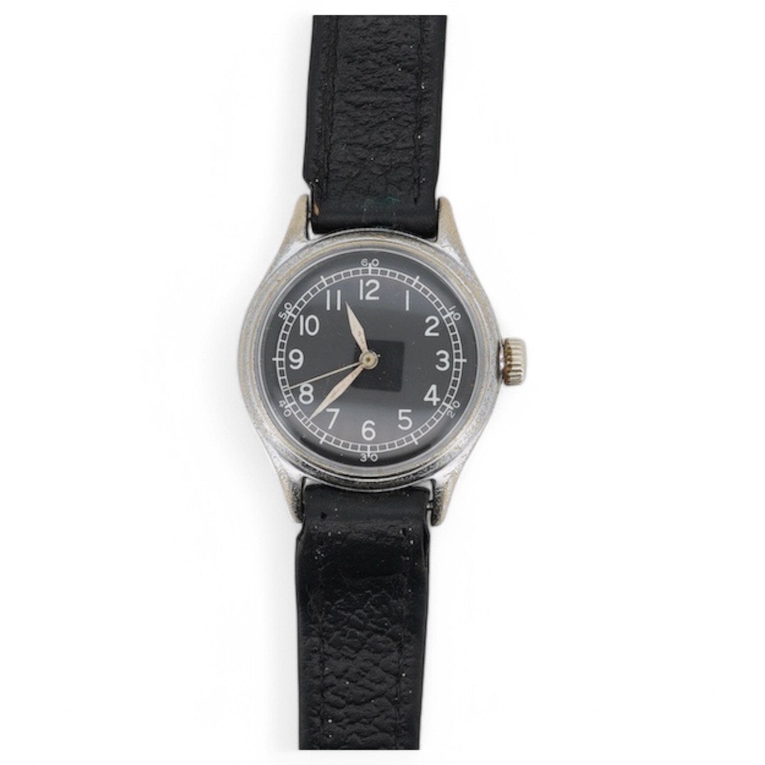 A gentleman's stainless steel Bulova military wrist watch, with black Arabic dial, the case back engraved Type A-II Spec no 94-27834, over etched with broad arrow 6B/234 A9117, on a later associated leather strap, case d